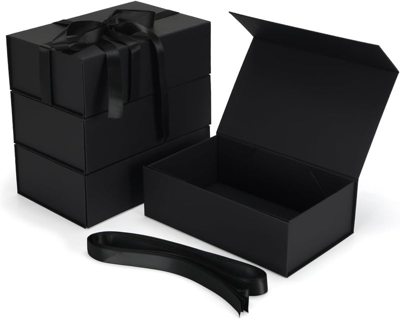 Ditwis 4 Pack 9.5x6x3 Inches Gift Boxes with Magnetic Closure Lids, Black Magnetic Box with Ribbon for Wedding, Groomsmen Bridesmaid Proposal, Birthdays, Mother's Day - Image 1